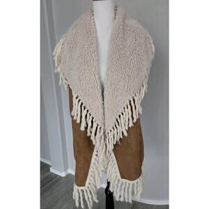 Scully Western Boho Tan Faux Suede Sherpa Lined Fringed Womens Vest Sz L